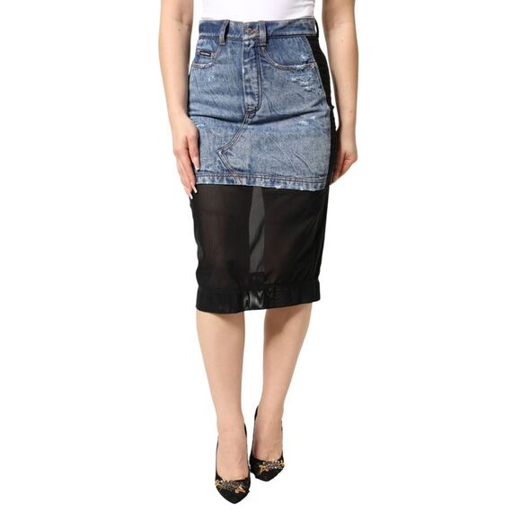 Dolce & Gabbana Blue Black Cotton Denim Sheer Midi Women's Skirt
